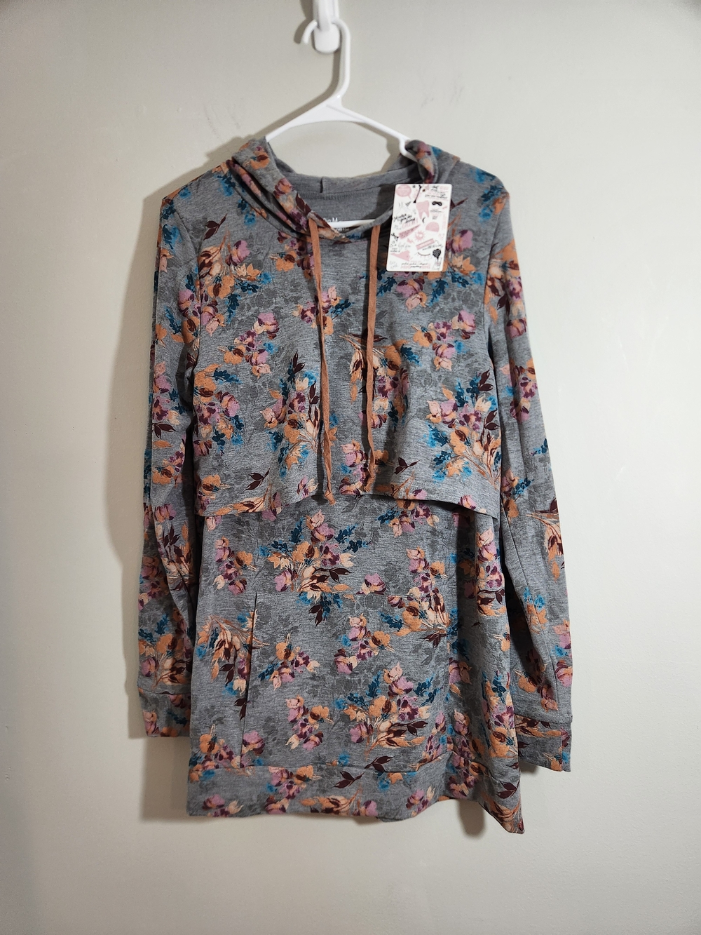 Latched Mama Gray Hooded Floral Tunic Dress - Pink & Blue Accents